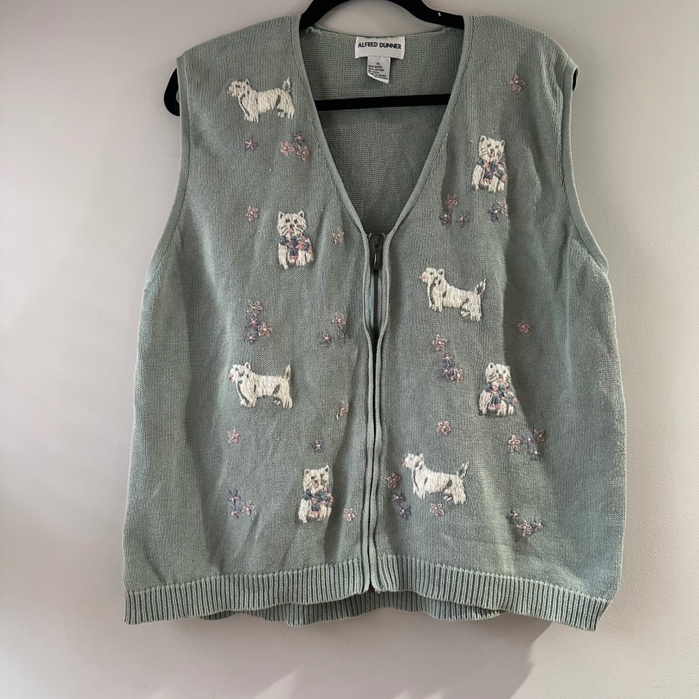 Alfred Dunner‎ Womens Vest XL Sage Green Dog Floral Embroidered Zipper Front